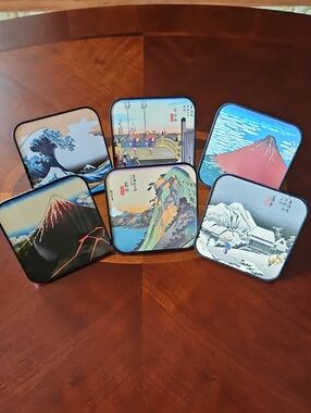 Vintage Japanese Ukiyo-e Art Coasters Set with Holder - Famous Woodblock Prints